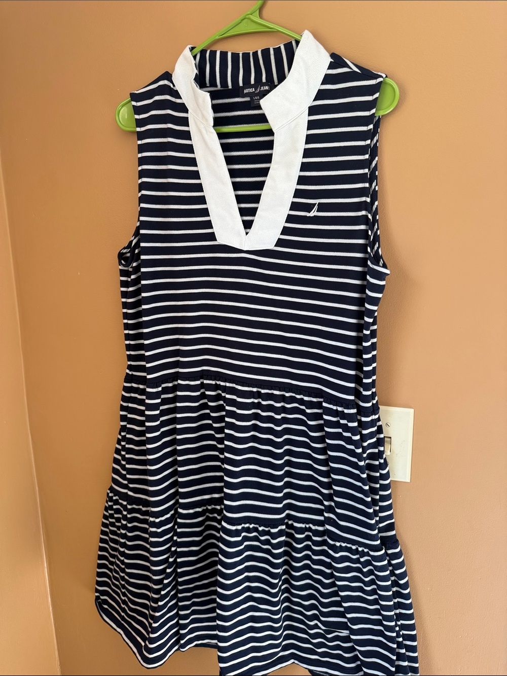 Nautica Navy & White Striped Sleeveless V-Neck Tiered Dress